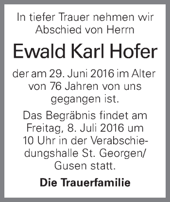Traueranzeige von Ewald Karl Hofer von OÖNachrichten