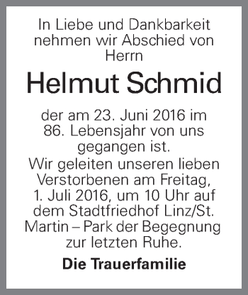Traueranzeige von Helmut Schmid von OÖNachrichten
