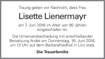 Traueranzeige von Lisette Lienermayr von OÖNachrichten