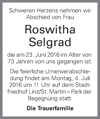 Traueranzeige von Roswitha Selgrad von OÖNachrichten