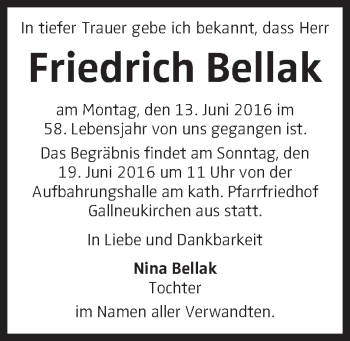 Traueranzeige von Friedrich Bellak von OÖNachrichten