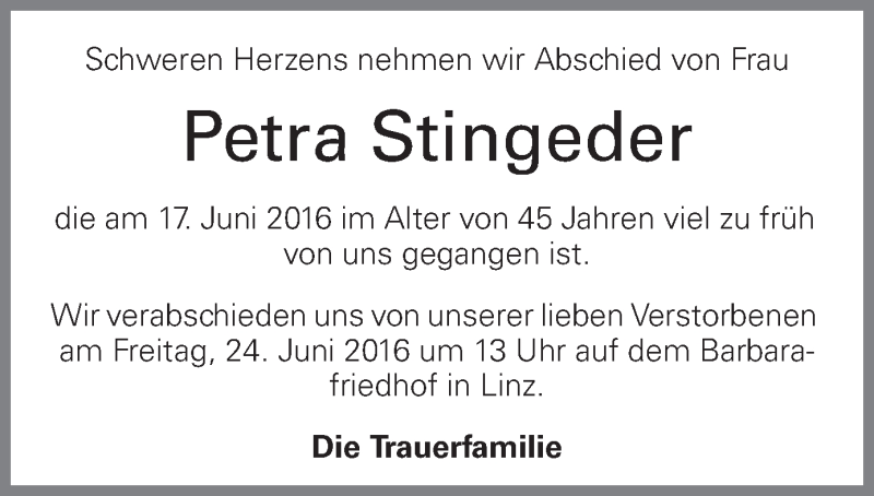  Traueranzeige für Petra Stingeder vom 22.06.2016 aus OÖNachrichten