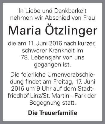 Traueranzeige von Maria Ötzlinger von OÖNachrichten