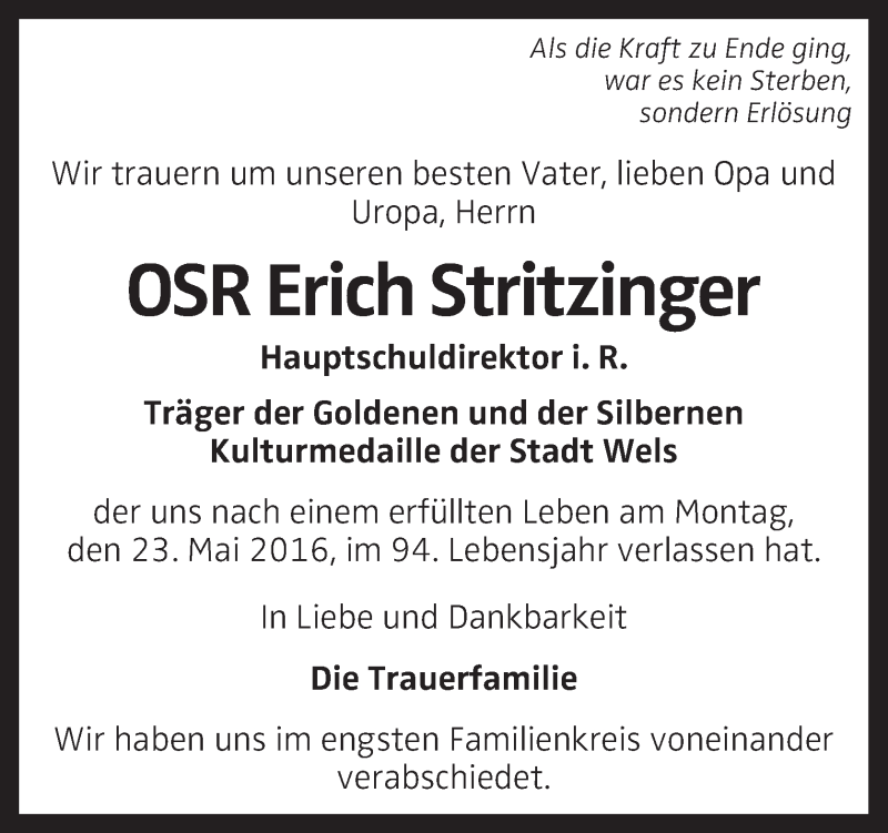  Traueranzeige für Erich Stritzinger vom 06.06.2016 aus OÖNachrichten