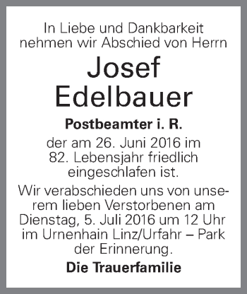 Traueranzeige von Josef Edelbauer von OÖNachrichten
