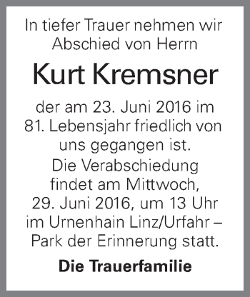 Traueranzeige von Kurt Kremsner von OÖNachrichten