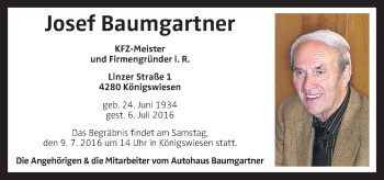 Traueranzeige von Josef Baumgartner von OÖNachrichten