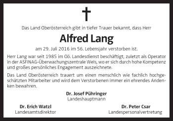 Traueranzeige von Alfred Lang von OÖNachrichten