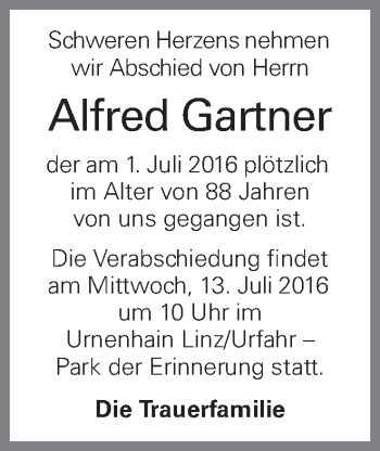 Traueranzeige von Alfred Gartner von OÖNachrichten