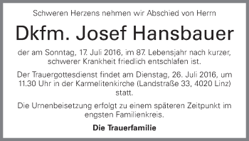 Traueranzeige von Josef Hansbauer von OON