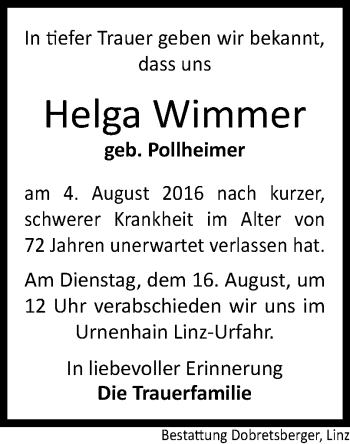 Traueranzeige von Helga Wimmer von OÖNachrichten