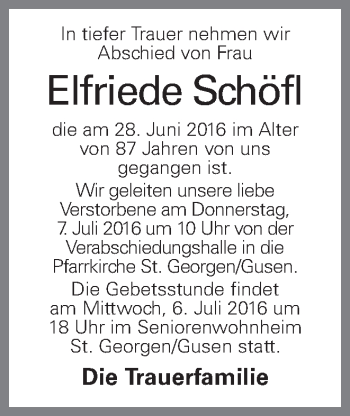 Traueranzeige von Elfriede Schöfl von OÖNachrichten