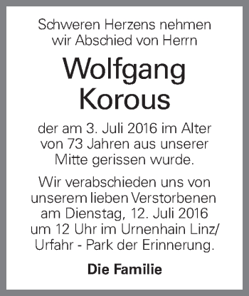 Traueranzeige von Wolfgang Korous von OÖNachrichten