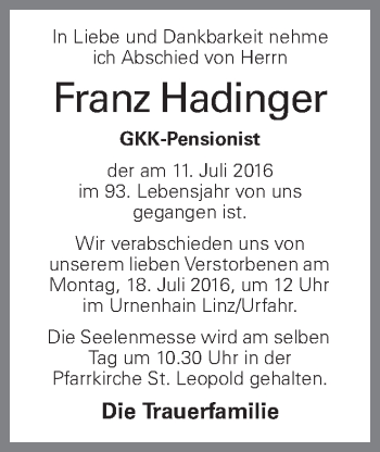 Traueranzeige von Franz Hadinger von OÖNachrichten