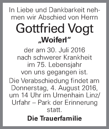 Traueranzeige von Gottfried Vogt von OÖNachrichten