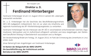 Traueranzeige von Ferdinand Hinterberger von OÖNachrichten