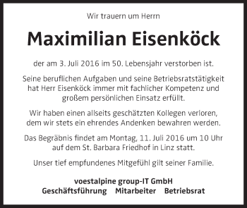 Traueranzeige von Maximilian Eisenköck von OÖNachrichten