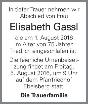 Traueranzeige von Elisabeth Gassl von OÖNachrichten