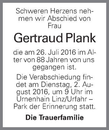 Traueranzeige von Gertraud Plank von OÖNachrichten