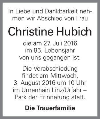 Traueranzeige von Christine Hubich von OÖNachrichten