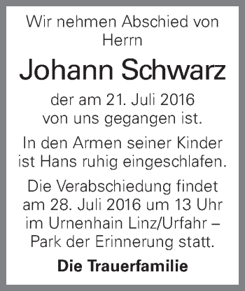 Traueranzeige von Johann Schwarz von OÖNachrichten