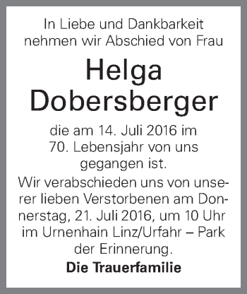 Traueranzeige von Helga Dobersberger von OÖNachrichten