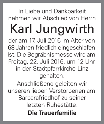 Traueranzeige von Karl Jungwirth von OÖNachrichten