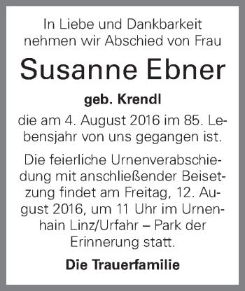 Traueranzeige von Susanne Ebner von OÖNachrichten
