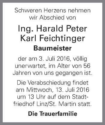 Traueranzeige von Harald Peter Karl Feichtinger von OÖNachrichten