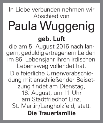 Traueranzeige von Paula Wuggenig von OÖNachrichten