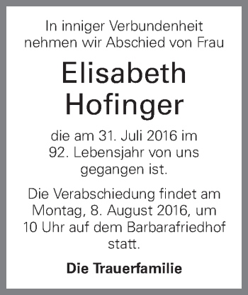 Traueranzeige von Elisabeth Hofinger von OÖNachrichten