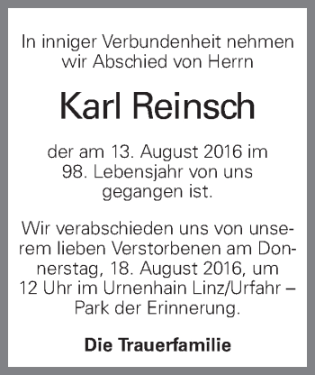 Traueranzeige von Karl Reinsch von OÖNachrichten