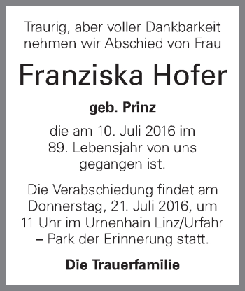 Traueranzeige von Franziska Hofer von OÖNachrichten
