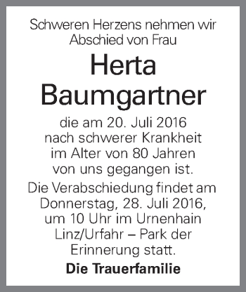 Traueranzeige von Herta Baumgartner von OÖNachrichten