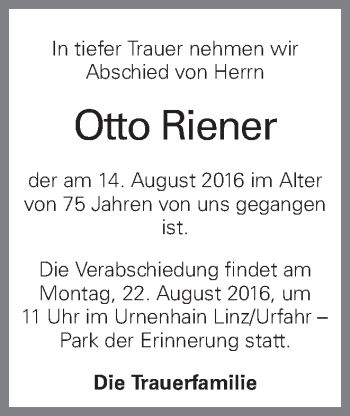 Traueranzeige von Otto Riener von OÖNachrichten
