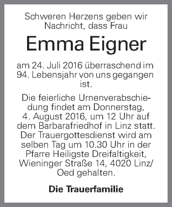 Traueranzeige von Emma Eigner von OÖNachrichten