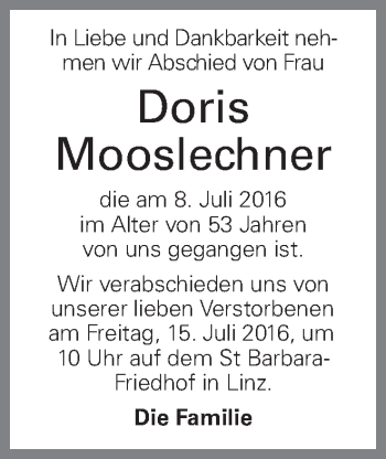 Traueranzeige von Doris Mooslechner von OÖNachrichten
