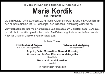 Traueranzeige von Maria Kordik von OÖNachrichten