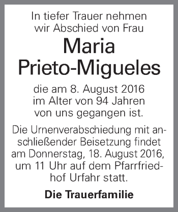 Traueranzeige von Maria Prieto-Migueles von OÖNachrichten