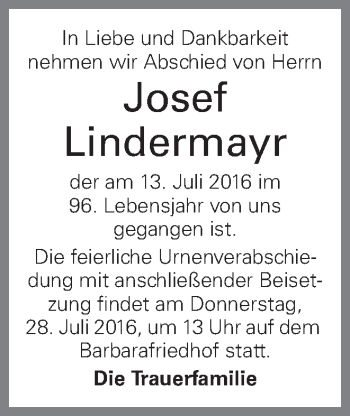 Traueranzeige von Josef Lindermayr von OÖNachrichten