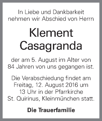 Traueranzeige von Klement Casagranda von OÖNachrichten
