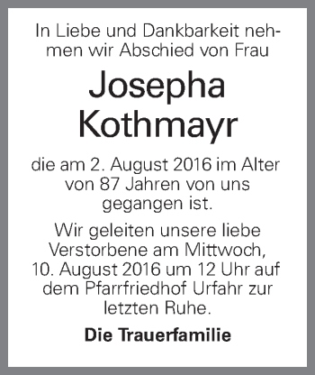 Traueranzeige von Josepha Kothmayr von OÖNachrichten