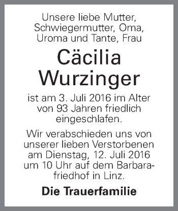Traueranzeige von Cäcilia Wurzinger von OÖNachrichten