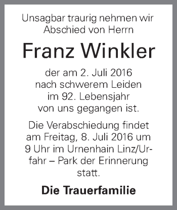 Traueranzeige von Franz Winkler von OÖNachrichten