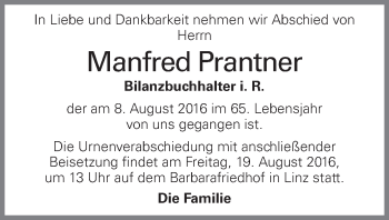 Traueranzeige von Manfred Prantner von OÖNachrichten