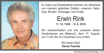 Traueranzeige von Erwin Rink von OÖNachrichten