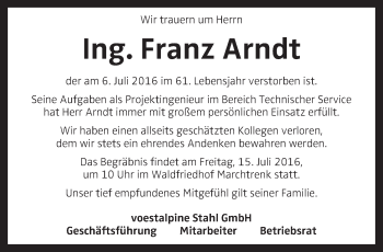 Traueranzeige von Franz Arndt von OÖNachrichten
