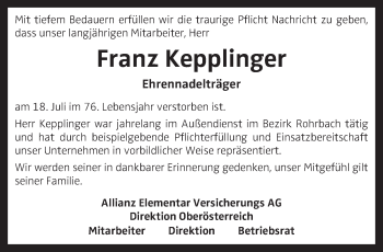 Traueranzeige von Franz Kepplinger von OON