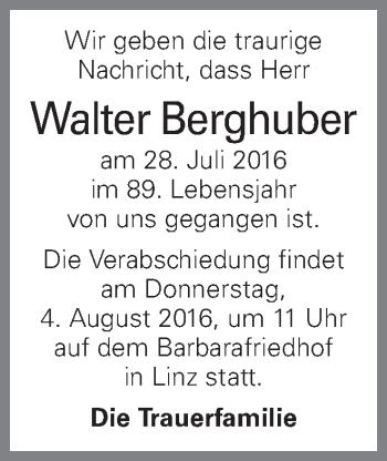 Traueranzeige von Walter Berghuber von OÖNachrichten