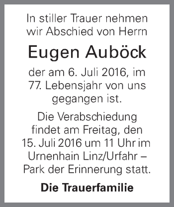 Traueranzeige von Eugen Auböck von OÖNachrichten